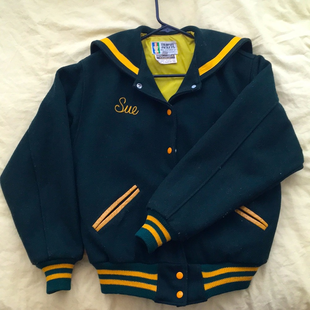 Vintage Forest Green Yellow Bomber Varsity Jacket